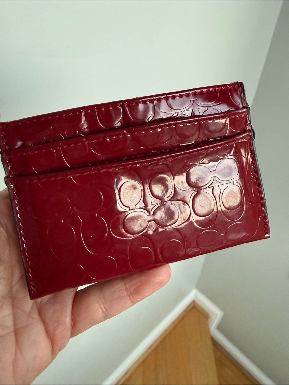 Coach Embossed Patent Leather Card Case in Deep Red